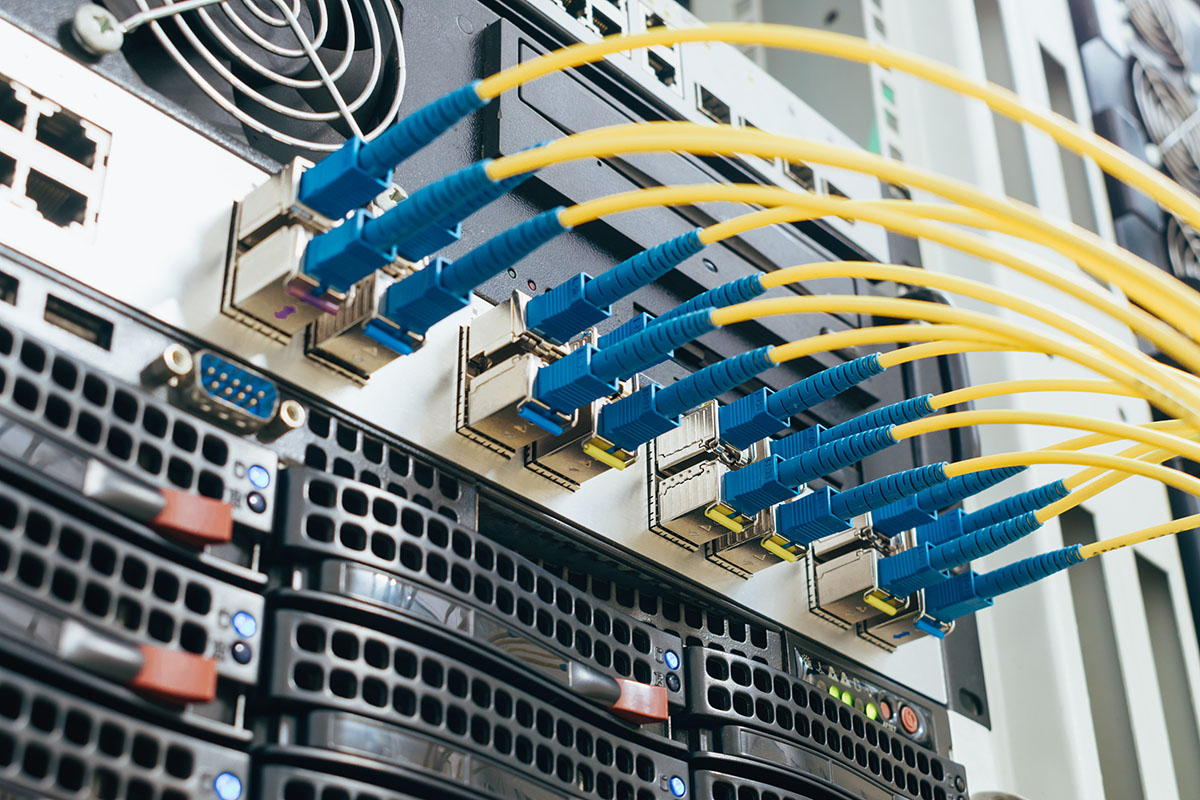 Fibre optic connectors and cabling on the rear of a rack-mounted network switch